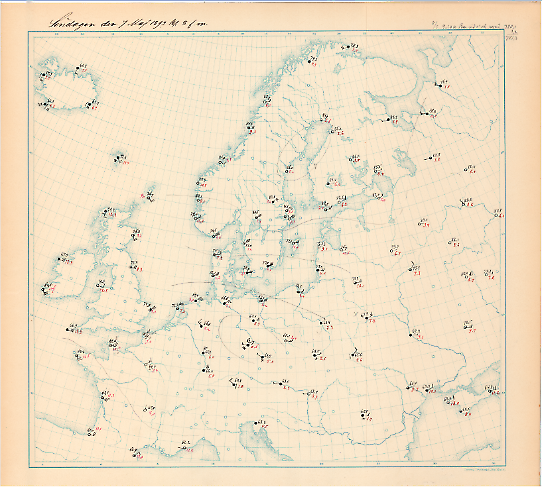 Väderkarta gällande klockan 08 den 7 maj 1893.
