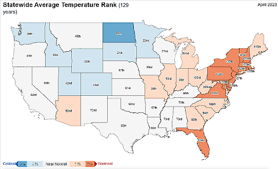Bilden visar ranking av medeltemperatur i april 2023 delstatsvis i USA