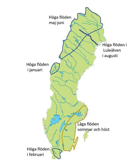 Sverigekarta med områden inritade där det varit höga och låga flöden
