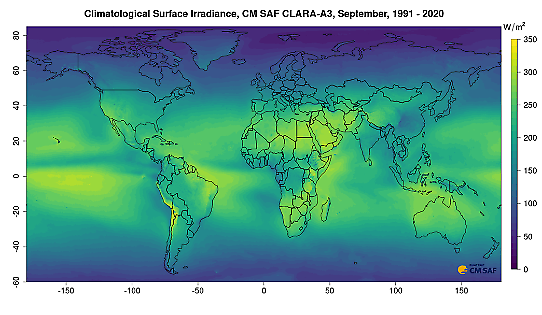Karta som visar genomsnittlig inkommande strålning för september 1991-2020 mätt med satellit..
