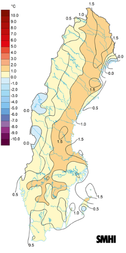 Sverigekarta som visar medeltemperaturens avvikelse från det normala under maj 2023