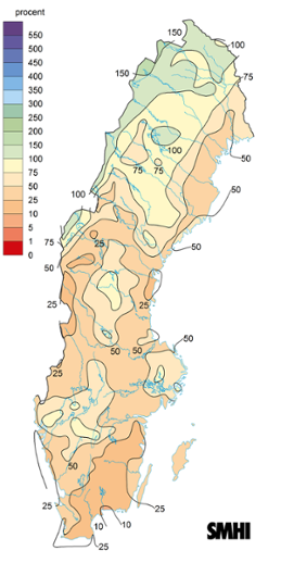 Sverigekarta som visar nederbördens avvikelse från det normala under maj 2023