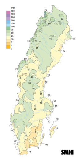Sverigekarta som visar nederbördssumma under maj 2023