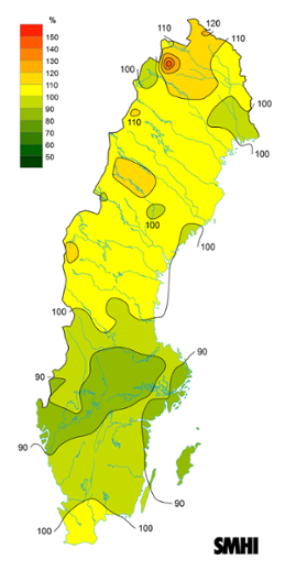 Sverigekarta som visar byvindens avvikelse från det normala (1996-2015) under maj 2023.