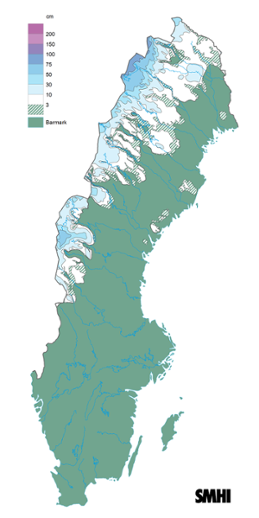 Sverigekarta som visar snödjupet den 15 maj 2023