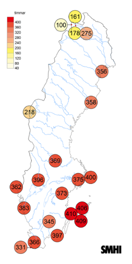 Sverigekarta som visar antal soltimmar under maj 2023