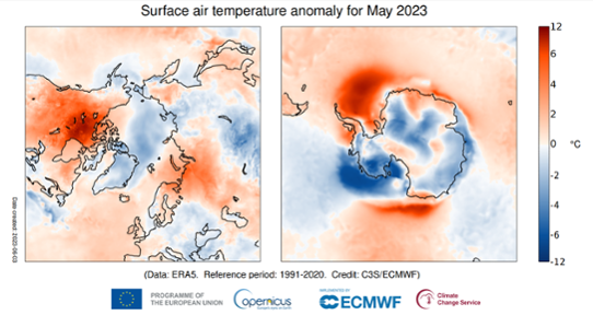 Bilden visar kartor för temperaturavvikelse i Arktis respektive Antarktis i maj 2023.