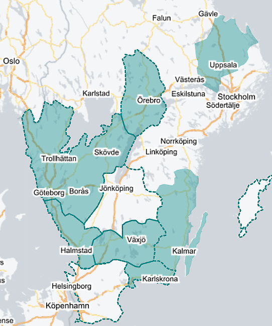 Karta som visar län i södra Sverige där SMHI utfärdat risk för vattenbrist vecka 26