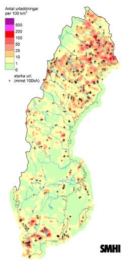 Sverigekarta som visar totalt antal blixtar under juni 2023
