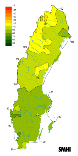 Sverigekarta som visar byvindens avvikelse från det normala (1996-2015) under juni 2023.