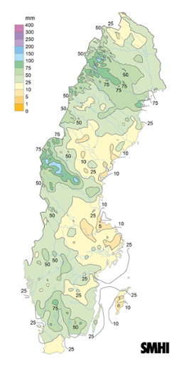 Sverigekarta som visar nederbördssumma under juni 2023