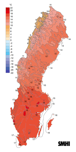 Sverigekarta som visar månadsmedeltemperaturen under juni 2023