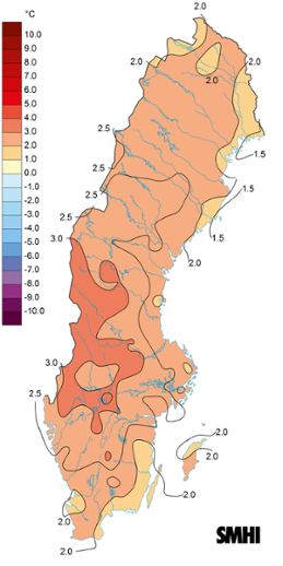 Sverigekarta som visar medeltemperaturens avvikelse från det normala under juni 2023