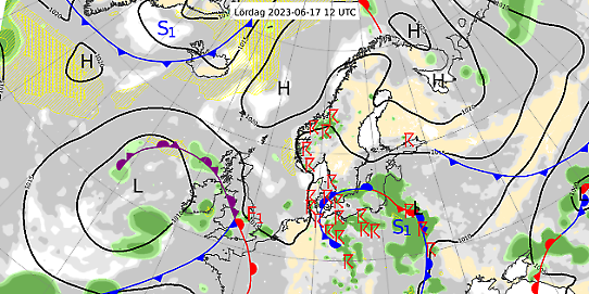 Bilden visar en karta över väderläget i norra Europa den 17 juni 2023.