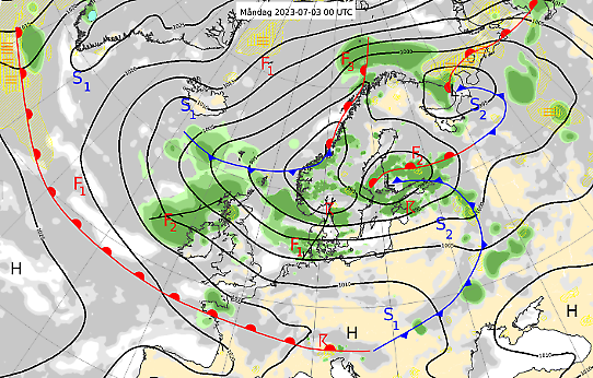 Bilden visar en karta över väderläget i norra Europa den 3 juli 2023.