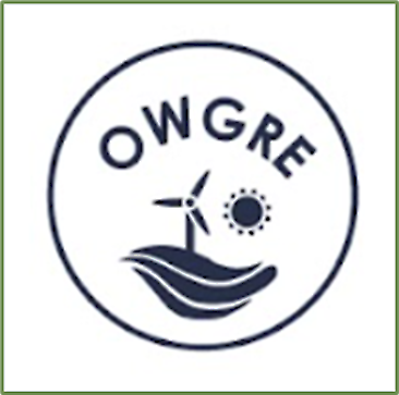 Logotyp, en illustration av vindkraftverk och sol med texten OWGRE