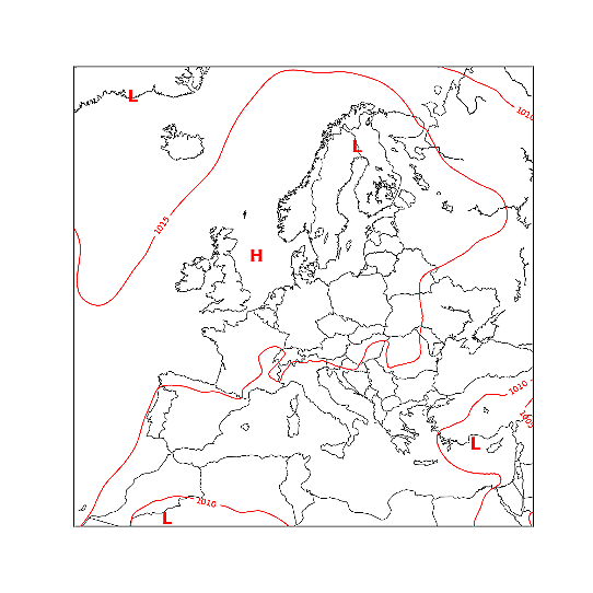 Bilden visar en karta med medellufttrycket i Europa i juni 2023.