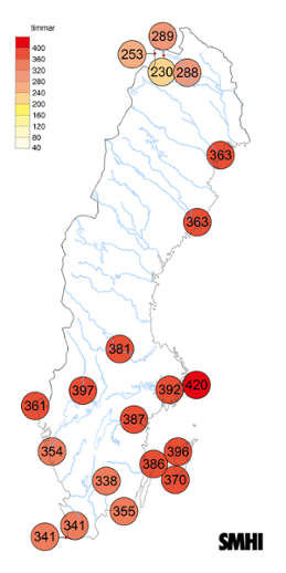 Sverigekarta som visar antal soltimmar under juni 2023.
