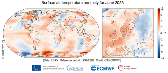 Bilden visar en världskarta med temperaturanomalier under juni 2023.