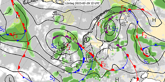 Bilden visar en karta med en analys av väderläget i Nordeuropa den 29 juli 2023.
