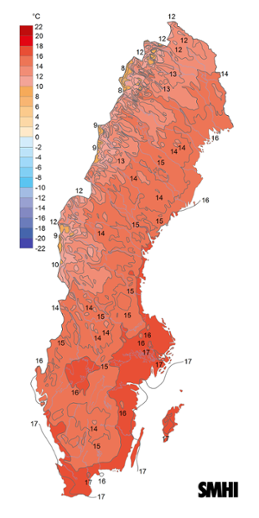 Sverigekarta som visar månadsmedeltemperaturen under juli 2023