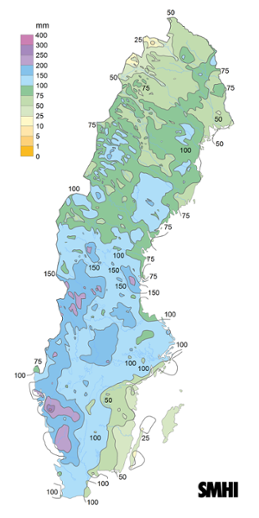 Sverigekarta som visar nederbördssumma under juli 2023