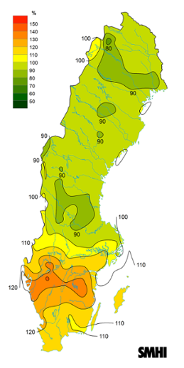Sverigekarta som visar byvindens avvikelse från det normala (1996-2015) under juli 2023.
