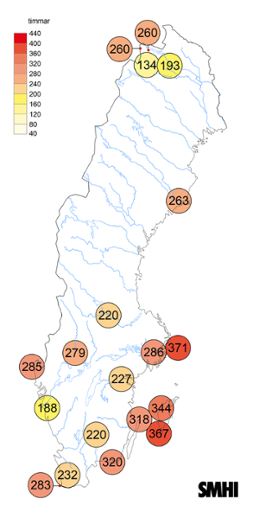 Sverigekarta som visar antal soltimmar under juli 2023