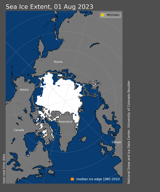 Bilden visar en karta med isutbredning i Arktis den 1 augusti 2023 med en ljnje för den normala utbredningen.
