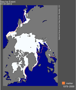 Isutbredningen i Polarhavet i slutet av januari 2012.