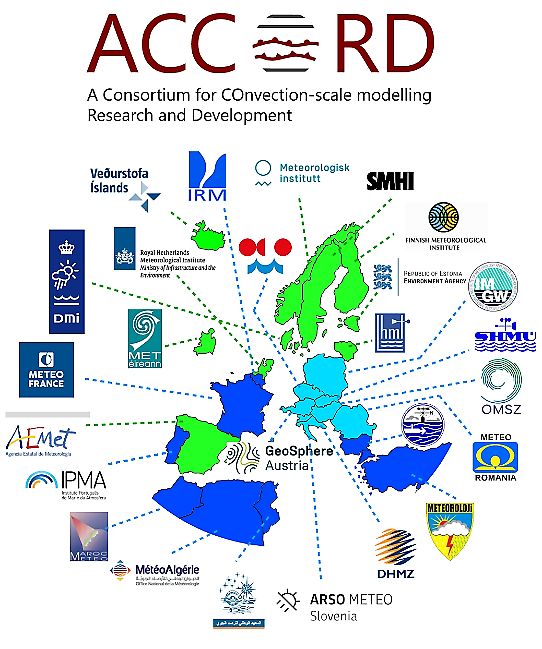Illustration som visar länderna och instituten som ingår i ACCORD-konsortiet. Namnet ACCORD står för A Consortium for COnvection-scale modelling Research and Development.