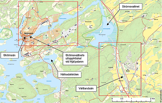 Översiktskarta som redovisar de aktuella utredningsområdena Strömstads tätort längs med Strömsvattnet samt Skee längs med Vättlandsån.