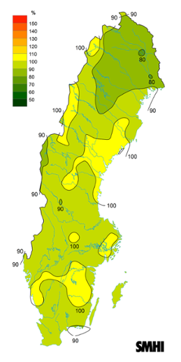 Byvindens avvikelse från det normala (1996-2015) under augusti 2023