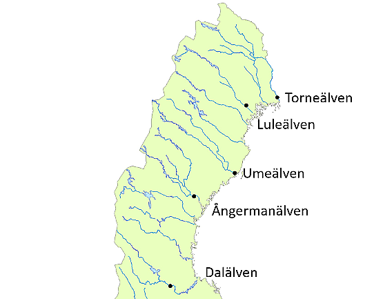 Sverigekarta med vattendrag och fem älvar namngivna.
