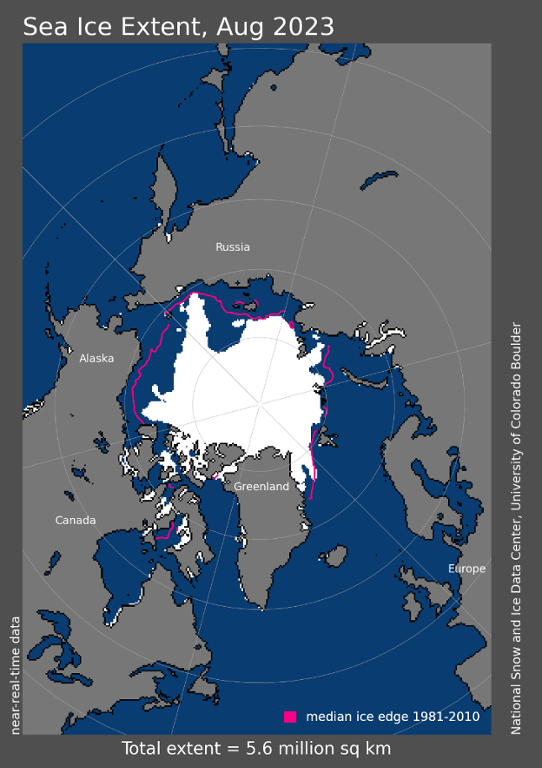 Bilden visar en karta med den genomsnittliga isutbredningen i Arktis i augusti 2023.