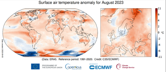 Bilden visar en världskarta med temperaturanomalier under augusti 2023.