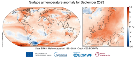 Global temperaturanomali (vänster bild) i september 2023 samt för Europa (höger bild).