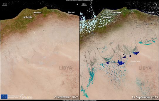 Libyen före och efter stormen Daniels framfart. Staden Derna (eller Darnah) syns i nordost.