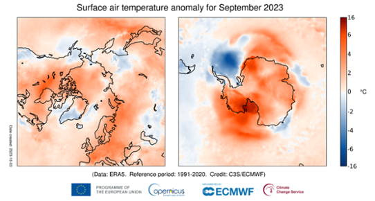 Temperaturavvikelse i september 2023 för Arktis (vänster bild) och Antarktis (höger bild) relativt 1991-2020.