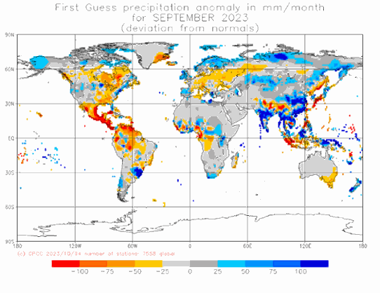Preliminär global nederbördanomali i september 2023. Källa: DWD (GPCC).