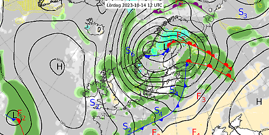 Bilden visar en karta över Nordeuropa med en analys av väderläget den 14 oktober 2023.