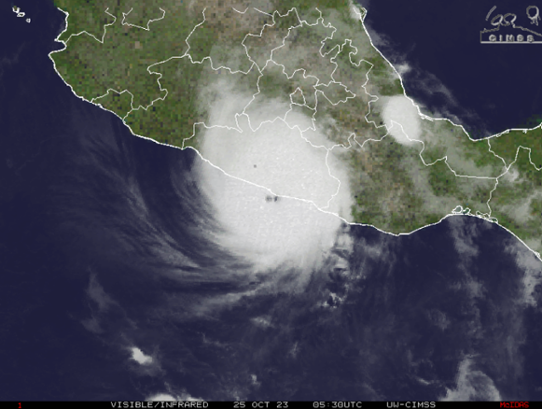 Satellitbild över kategori 5-orkanen Otis på väg in över västra Mexiko.