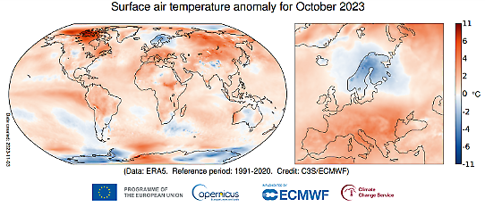 Bilden visar en världskarta med temperaturanomalier under oktober 2023.