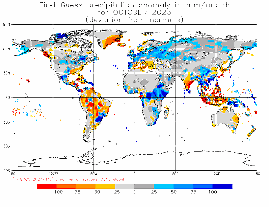 Bilden visar en världskarta med nederbördens avvikelse från det normala i oktober 2023.