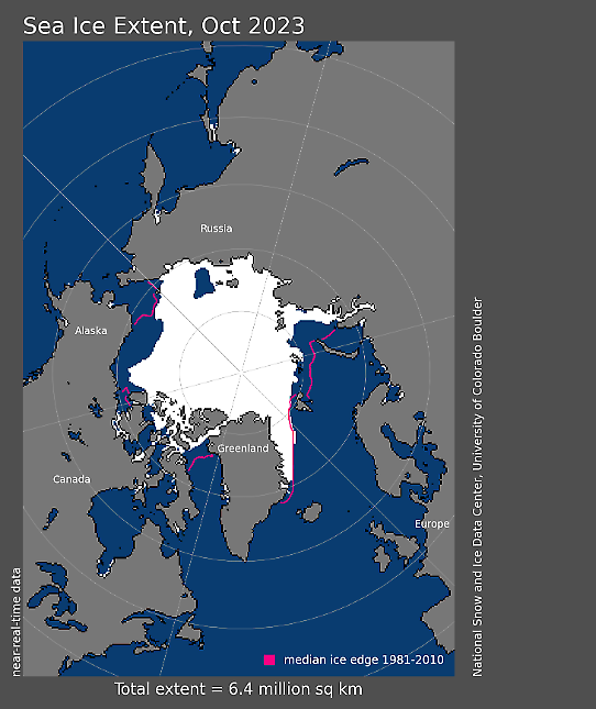 Bilden visar en karta med den genomsnittliga isutbredningen i Arktis i oktober 2023.