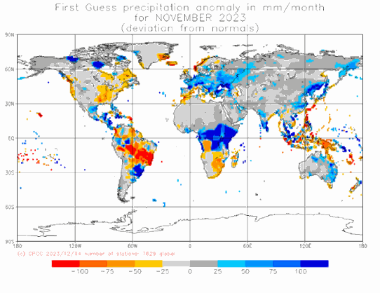 Preliminär global nederbördsanomali i november 2023. Källa: DWD (GPCC).