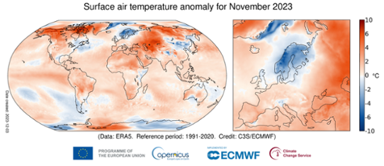Global temperaturanomali (vänster bild) i november 2023 samt för Europa (höger bild) relativt 1991-2020.