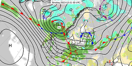Bilden visar en karta över Europa med en analys av väderläget klockan 01 den 21 december 2023.