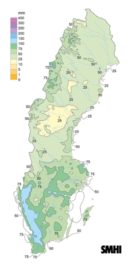 Sverigekarta som visar nederbördssumma under december 2023.