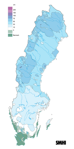Sverigekarta som visar snödjupet den 15 december 2023.